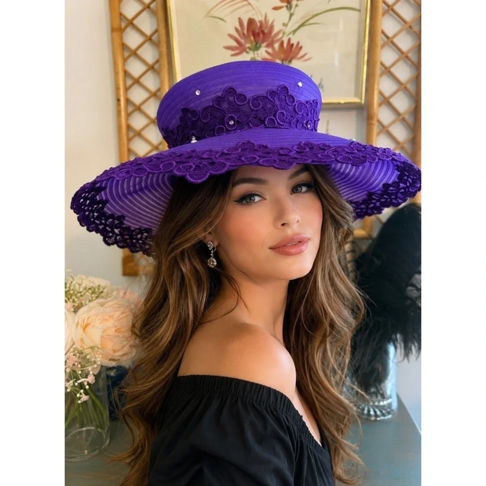 Mr Hi's Classic‎ Purple Wide Brim Lace Hat Ribbon Net Rhinestones Vintage 1970s